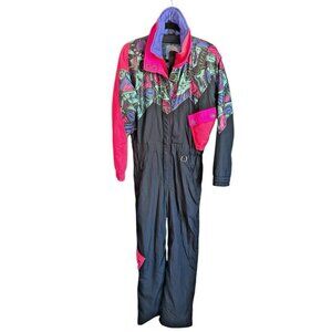 VTG 1980s Womens Prima Ski Suit Snowsuit Sz Medium Black w Fluorescent Details